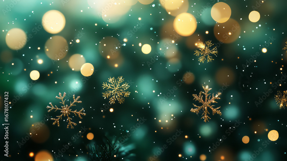 Poster a festive background featuring bokeh lights and snowflakes against a teal green backdrop design elem