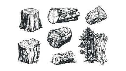 Collection of Hand-Drawn Tree Stumps and Logs on Transparent Background. Vector hand drawn illustration