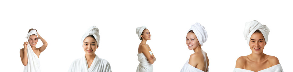 Collection of Smiling beautiful young woman in white towel standing with hand adjusting towel wrap her hair front view isolate on transparency background