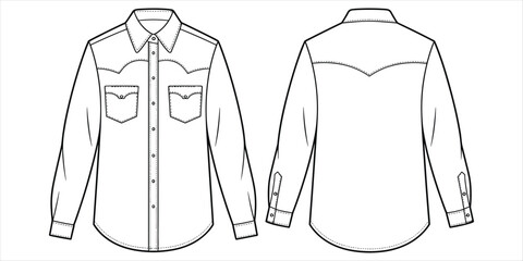 Front and back view of a long sleeve western style denim shirt fashion illustration Keywords: fashion