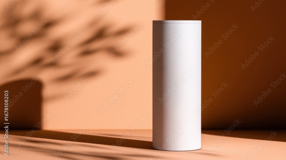 Poster minimalistic cylindrical vase on a warm-toned background with soft shadows creating a serene atmosph