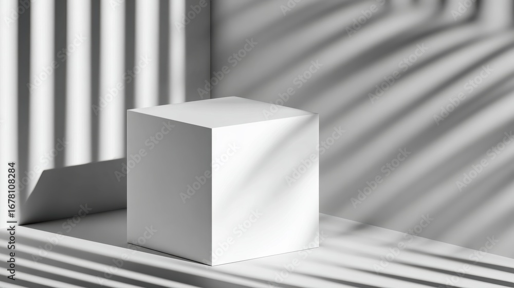 Aufkleber minimalistic white cube in a softly lit room with shadow patterns creating an artistic ambiance