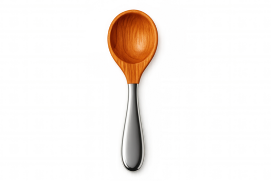 Wooden spoon with metal handle isolated on transparent background, ideal for cooking and kitchen concepts