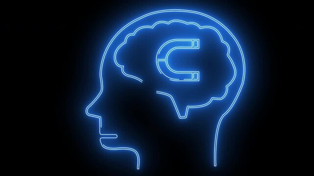 human brain head icon and magnet icon with neon effect