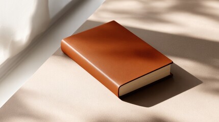 A sleek brown leather notebook rests on a beige surface, illuminated by soft natural light and shadows