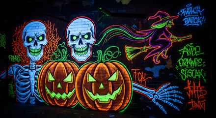 Obraz premium Neon halloween graffiti featuring skeletons pumpkins and a witch on a brick wall background art design