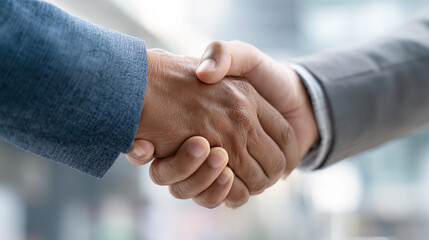 Fototapeta premium A close up shot of two people shaking hands wearing formal attire in a bright and modern setting