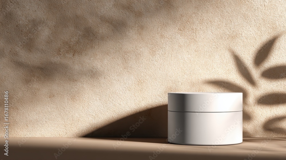 Poster minimalist display of a white cosmetic jar on a textured beige background with soft shadows