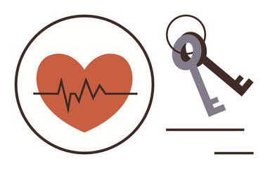 Heart with ECG line inside a circle next to two crossed keys, symbolizing health, protection, access, safety, and life stability. Ideal for security, wellness, health trust medical care simple
