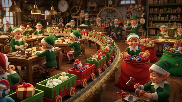 Elves Working in Workshop with Toy Train Delivering Gifts