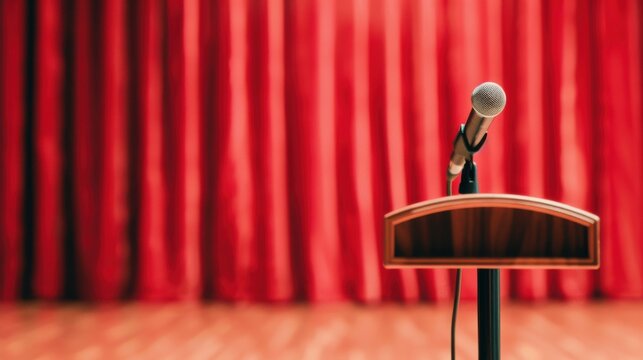 Microphone on Wooden Podium with Red Stage Curtains for Public Speaking or Event - Powered by Adobe