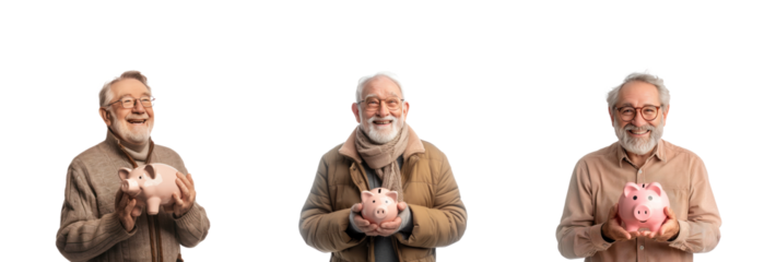 Smiling senior man holding piggy bank side view isolate on transparency background