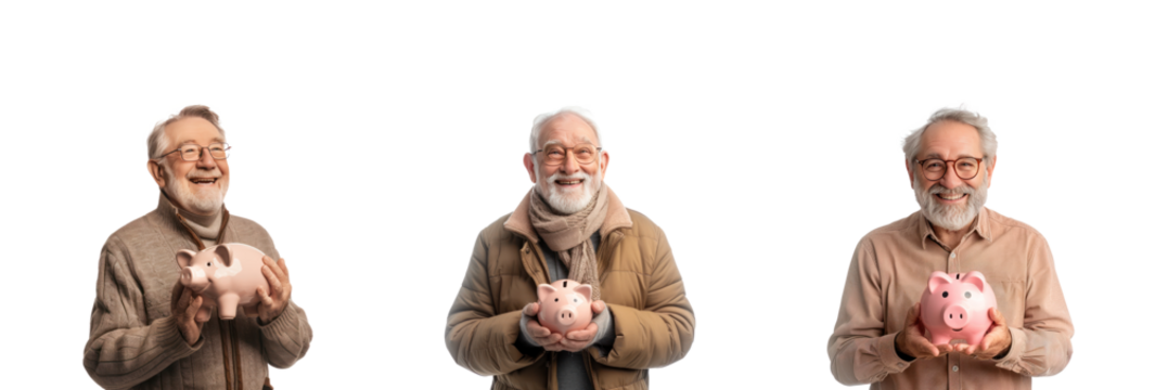 Smiling senior man holding piggy bank side view isolate on transparency background