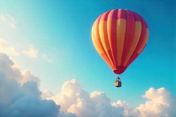 Naklejka premium A whimsical hot air balloon floats serenely against a vibrant blue sky, casting a long shadow on the fluffy clouds below Perfect for travel, adventure, and freedom concepts , nature, balloon