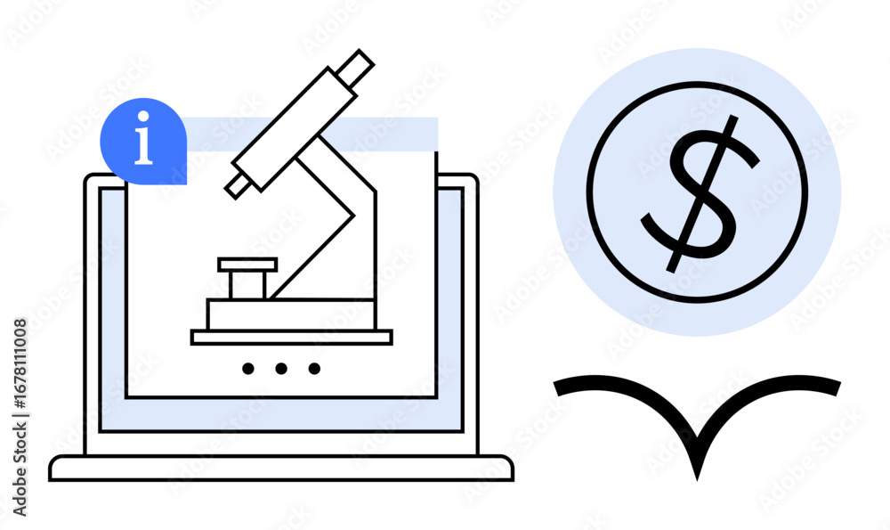Aufkleber microscope on computer screen with info pop-up, dollar sign in circle, abstract arrow below. ideal f