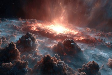 Fiery galactic core, swirling nebula clouds