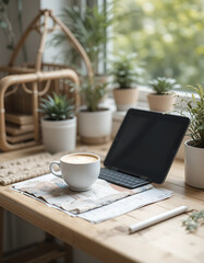 Cozy Workspace with Coffee, Laptop, and Plants A Relaxing Home Office Setup