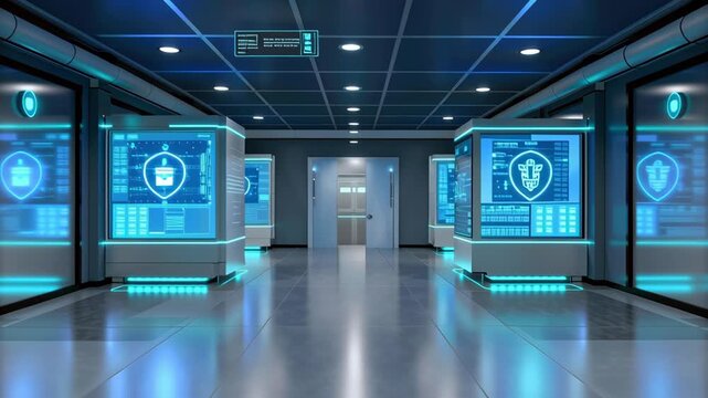 Futuristic server room blue neon medical data cybersecurity telemedicine digital network secure cloud AI interface hospital tech hub with secure data