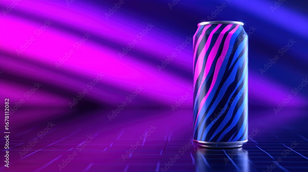 Aufkleber vibrant can with striped design stands against a colorful neon backdrop, creating a dynamic atmosphe