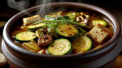 Close-Up of Authentic Doenjang Jjigae with Vegetables and Tofu