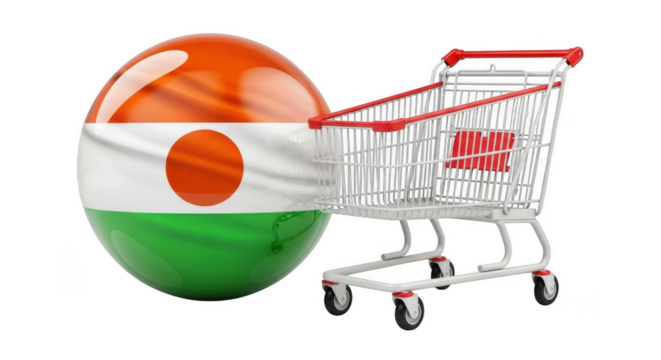 Niger flag sphere with shopping cart for trade concept isolated on transparent background