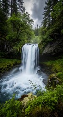 Obraz premium Majestic Waterfall Cascading Through Lush Forest Landscape.