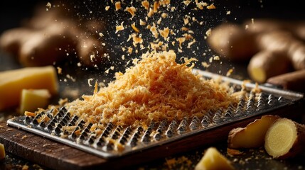 Close-Up of Fresh Ginger Root Being Grated on Microplane Grater