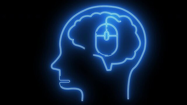 human brain head icon and laptop mouse icon with neon effect