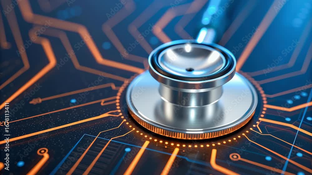 Poster stethoscope technology circuit health digital cybersecurity data diagnostics gleam sleek board, prec