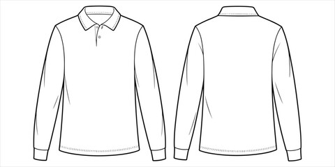 Front and back view of a white long-sleeved polo shirt with collar and buttons apparel clothing