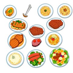 Collection of delicious food plates and a ladle