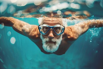 Fototapeta premium Older man enjoys peaceful underwater swimming in ocean. Serene atmosphere captures adventurous spirit during daytime.
