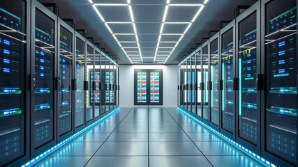 Cybersecurity telemedicine data center server corridor glowing blue network rack secure patient care digital shield trust privacy compliance modern - Powered by Adobe