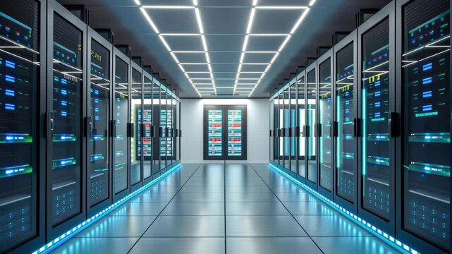 Cybersecurity telemedicine data center server corridor glowing blue network rack secure patient care digital shield trust privacy compliance modern