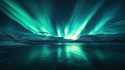 Stunning Northern Lights over icy lake with vibrant green hues dancing above snow-covered mountains, magical reflections creating breathtaking wallpaper-worthy scene