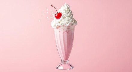 Delicious pink milkshake with whipped cream and a cherry on top against a pink background