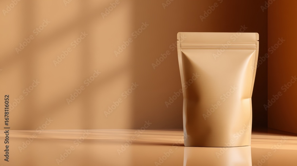 Aufkleber a minimalist scene featuring a brown packaging pouch on a smooth surface with soft shadows in a warm