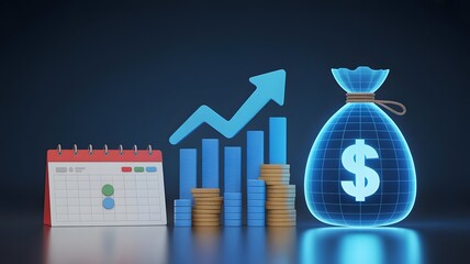 Digital pension fund with a calendar, growth chart, and money bag, a glowing retirement planning, financial security, and business investment concepts.