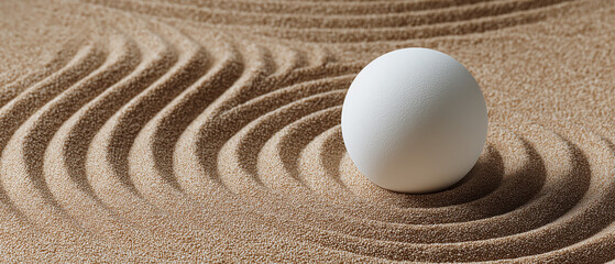 soothing zen garden close-up showing pure white orb resting in detailed sand grooves, high-resolution minimalist photography for wellness and spa concepts   © kami