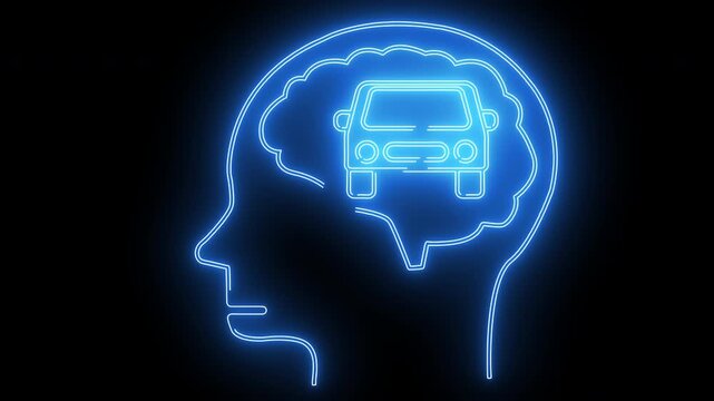 human brain head icon and car icon with neon effect