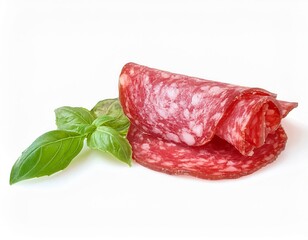 Delicious Rolled Slices of Salami with Fresh Basil Leaves on White Background