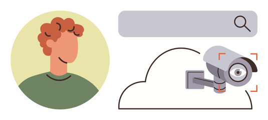 Abstract face and surveillance camera over a cloud and search bar, representing data privacy, monitoring, and online security. Ideal for technology, digital safety, AI, privacy, analytics