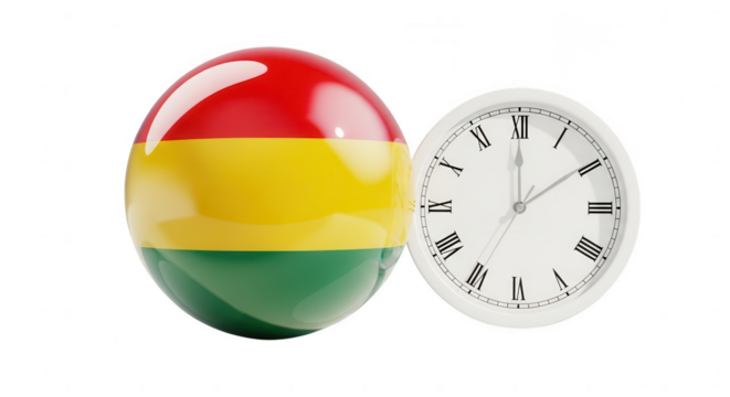 Bolivia flag sphere with clock showing noon time isolated on transparent background