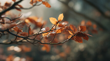 Autumn leaves on a branch with soft sunlight filtering through the trees in a blurry background scene