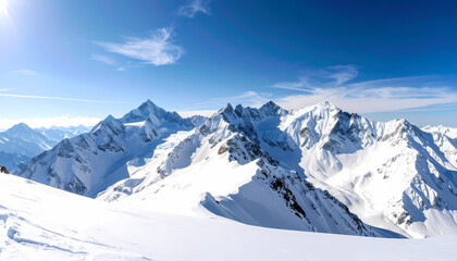 Majestic mountain peak covered in fresh snow during winter. vibrant blue sky and bright sun create scenic alpine landscape for adventure