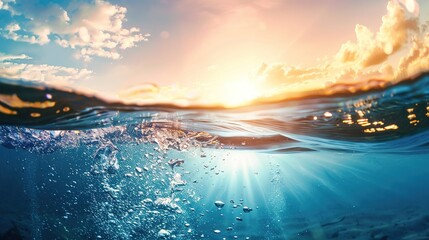 Obraz premium Dynamic ocean wave crashing with both underwater and above water views at sunset, showing golden sunlight reflecting on wave crests, turquoise underwater currents, and the warm glow of the setting 