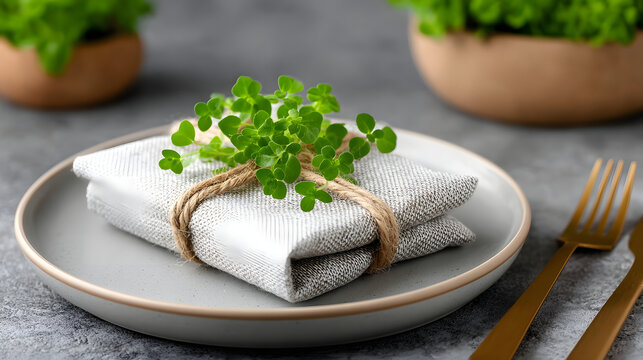 Neatly folded hemp fiber cloth is wrapped with twine and adorned with fresh herbs, creating elegant and eco friendly table setting. scene is complemented by gray plate and gold cutlery