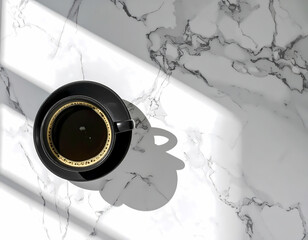 Calm top view black coffee cup on elegant marble table with window shadow. minimalist, peaceful scene for morning break with hot drink
