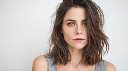 Portrait of a beautiful woman with a loose straight bob with a side hairstyle, looking directly at the lens with professional studio lighting, sharp focus, low contrast and soft shadows.