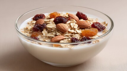Healthy recipes of bowl of yogurt topped with oats, nuts, and dried fruit.